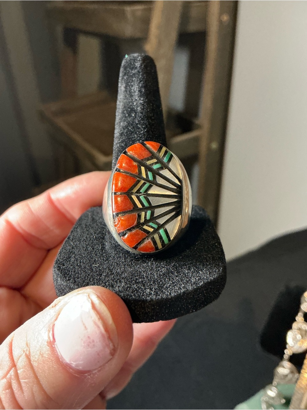 Angelena Laahty Zuni Sterling Silver Inlay Ring 17.8g Size 10